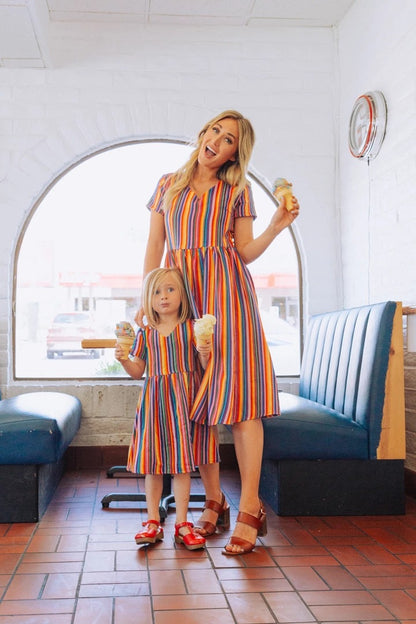 Rainbow Striped dress mother and daughter